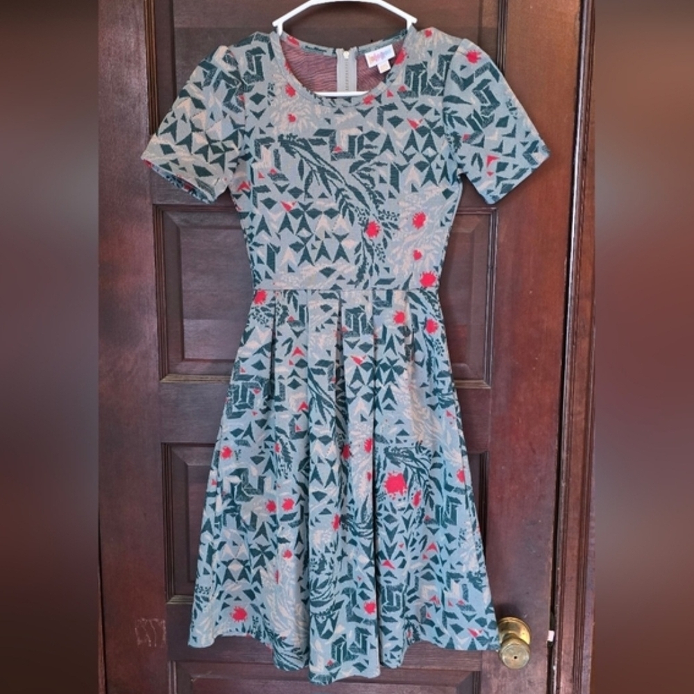 LuLaRoe Women's Midi Dress with Green and Red Patterns